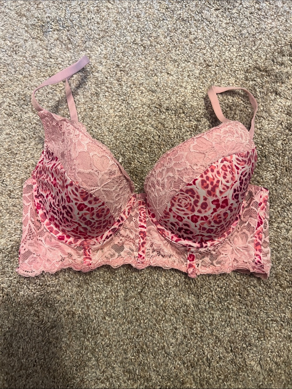 Lace-Trimmed Pink Leopard Print Push-Up Bra